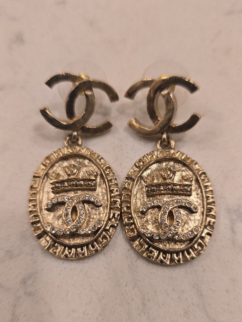 CHANEL Gold-Tone CC Medallion Drop Earrings with Crystals